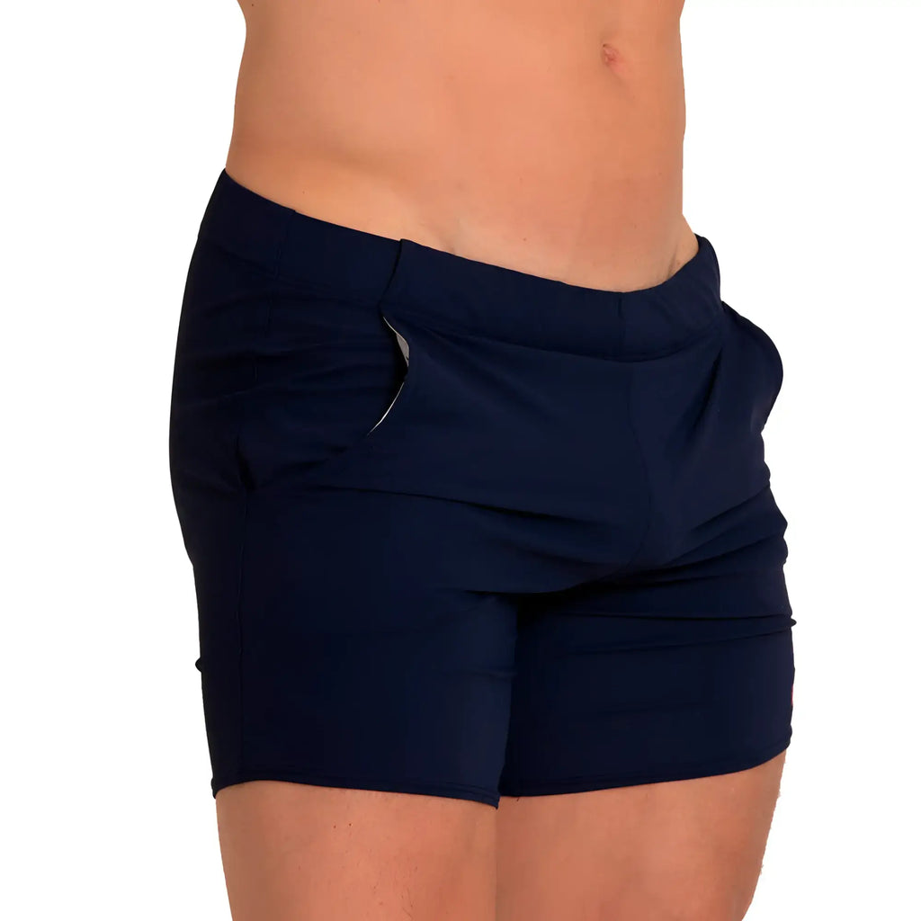 Navy blue gigo letters beachwear athletic shorts with sleek form-fitting design and subtle side pockets
