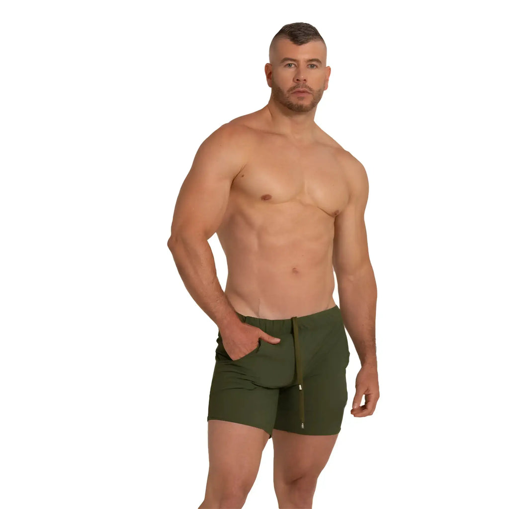 Olive green drawstring cotton shorts from gigo letters green beachwear designed for comfortable beachwear use