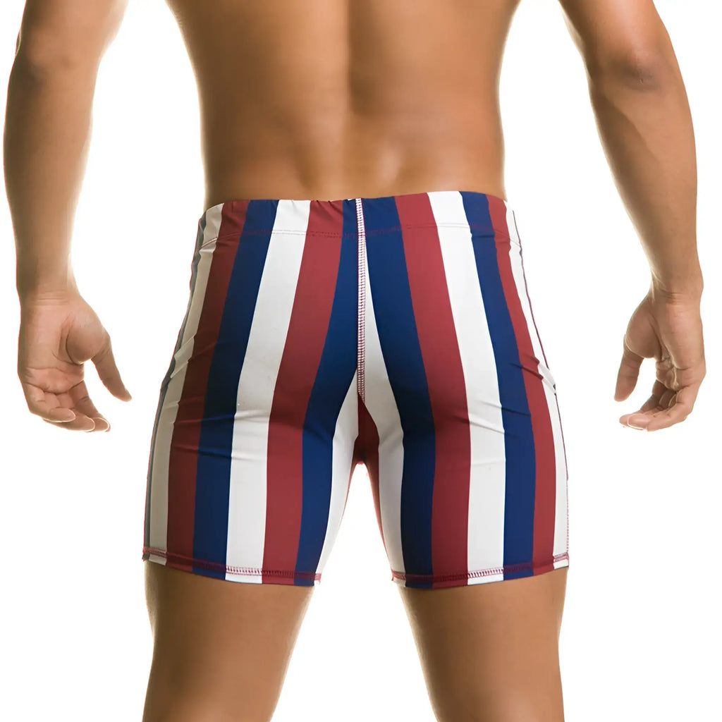 Gigo line beachwear red white and blue vertically striped swim trunks for men ideal for beach and pool use
