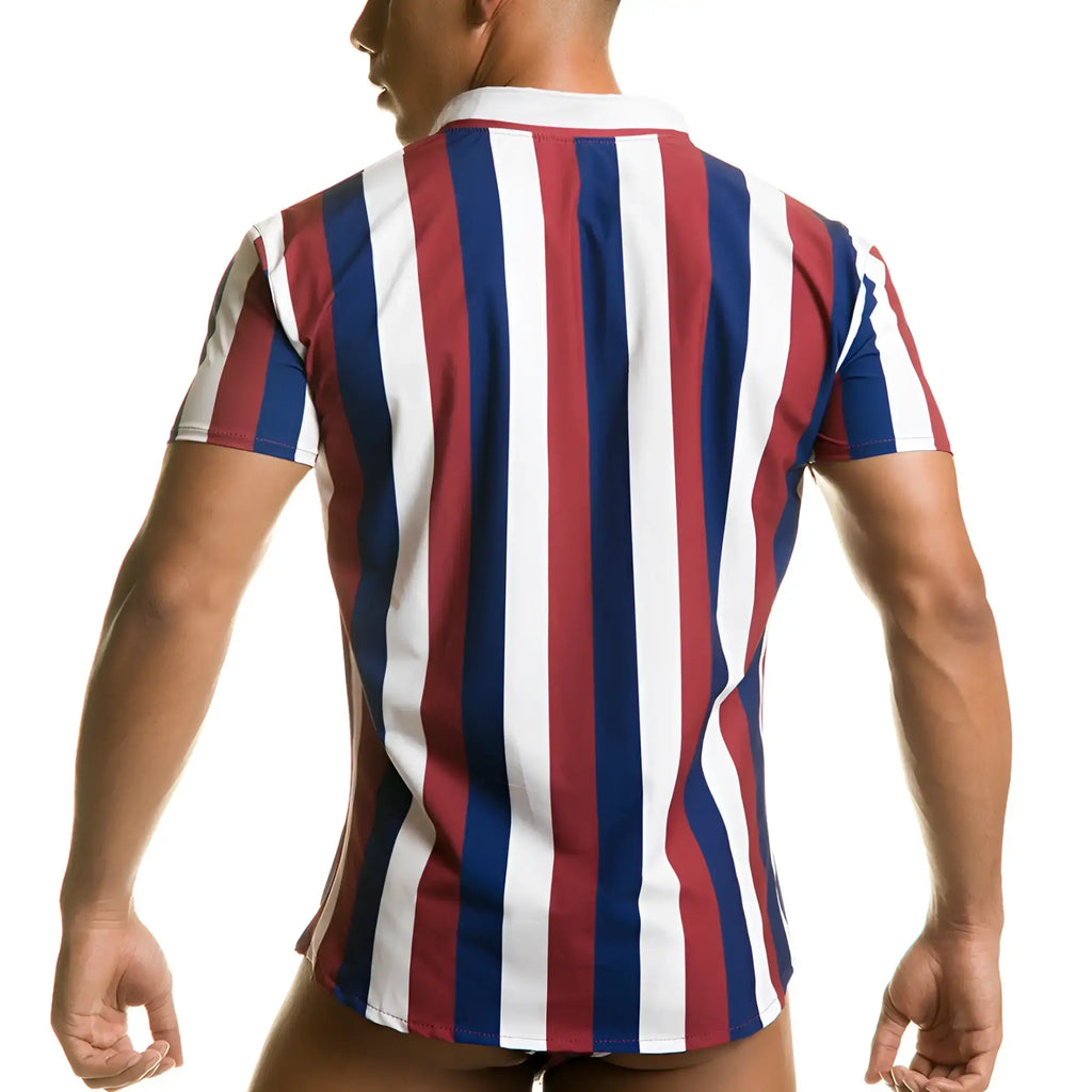 A menÃ¢â‚¬â„¢s short-sleeved Gigo Line Shirt with bold vertical red white and navy blue stripes perfect for casual wear
