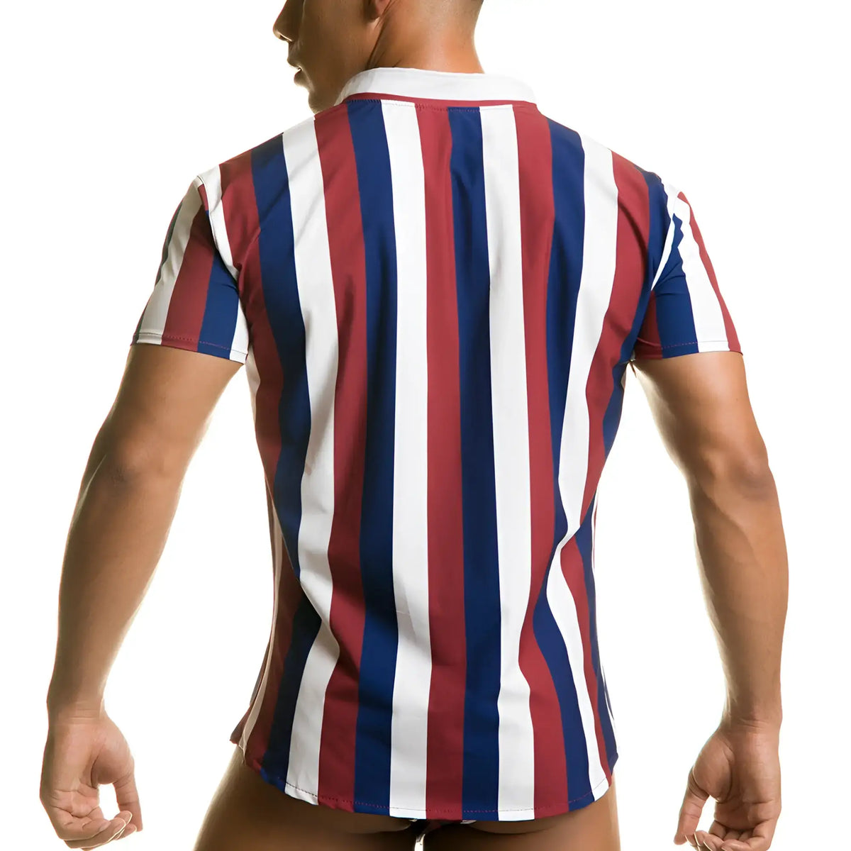 A menÃ¢â‚¬â„¢s short-sleeved Gigo Line Shirt with bold vertical red white and navy blue stripes perfect for casual wear