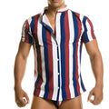 A man wearing a gigo line shirt short-sleeved button-up with bold red white and navy blue vertical stripes