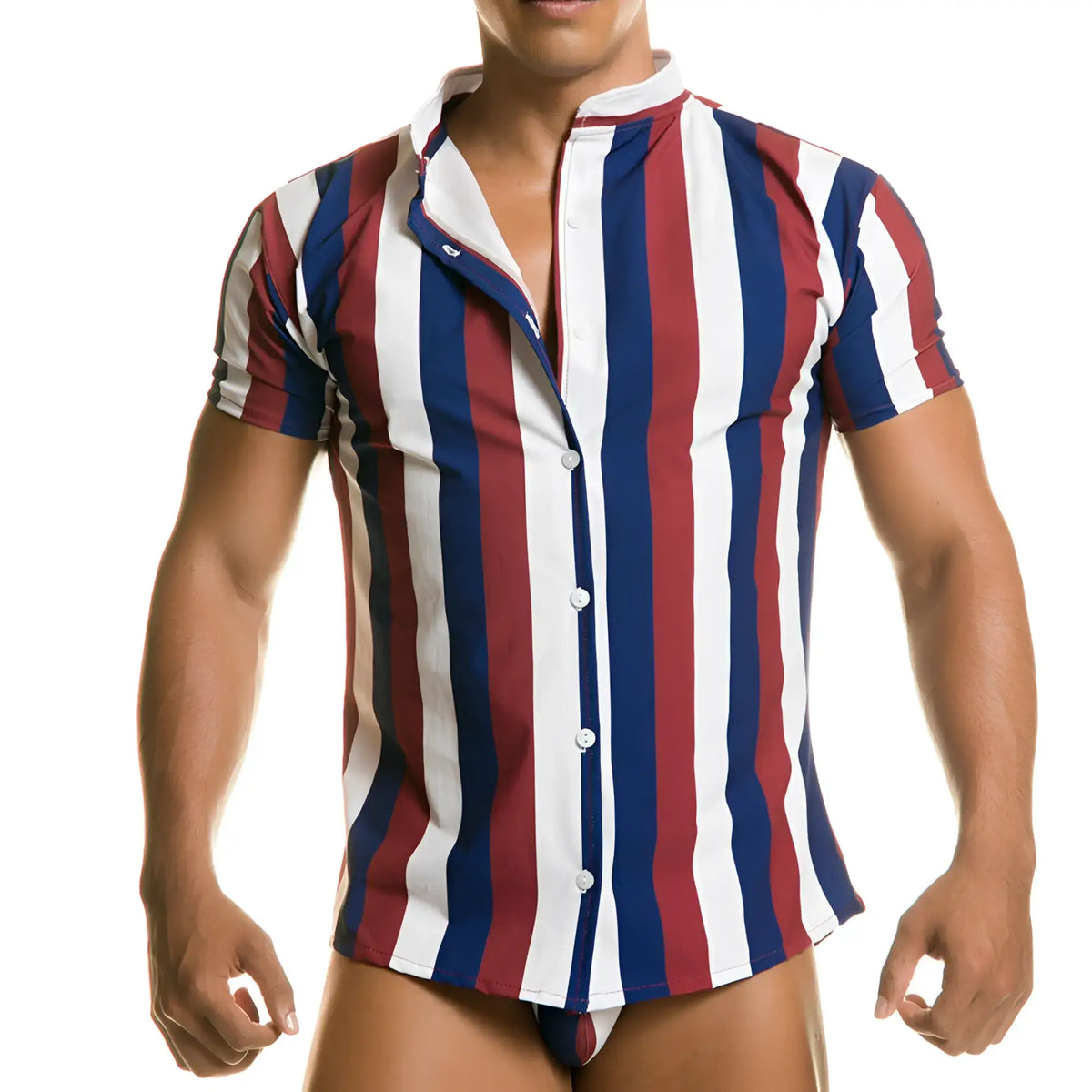 A man wearing a gigo line shirt short-sleeved button-up with bold red white and navy blue vertical stripes