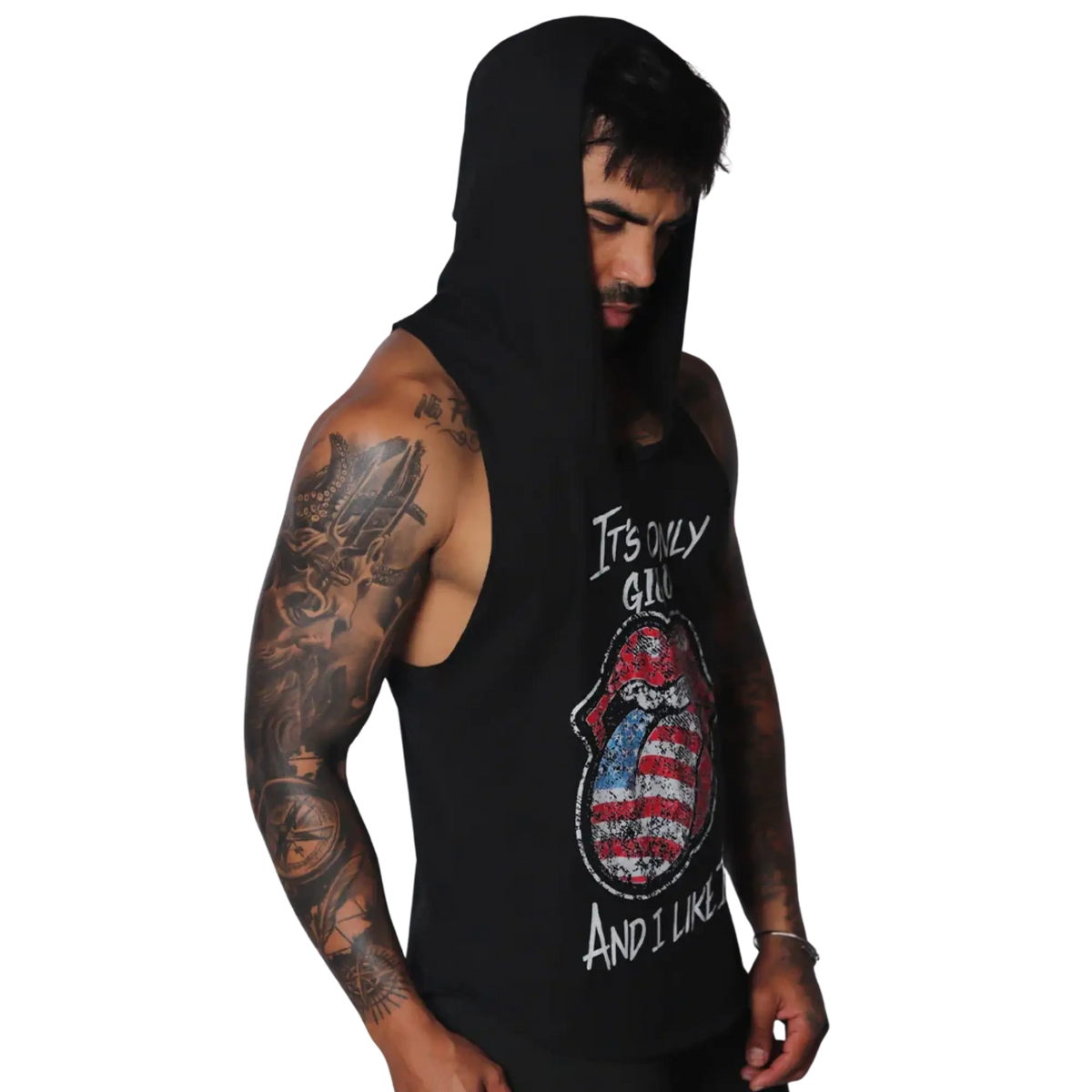 Black sleeveless hooded T-shirt with a distressed US flag-patterned lips graphic and white text.