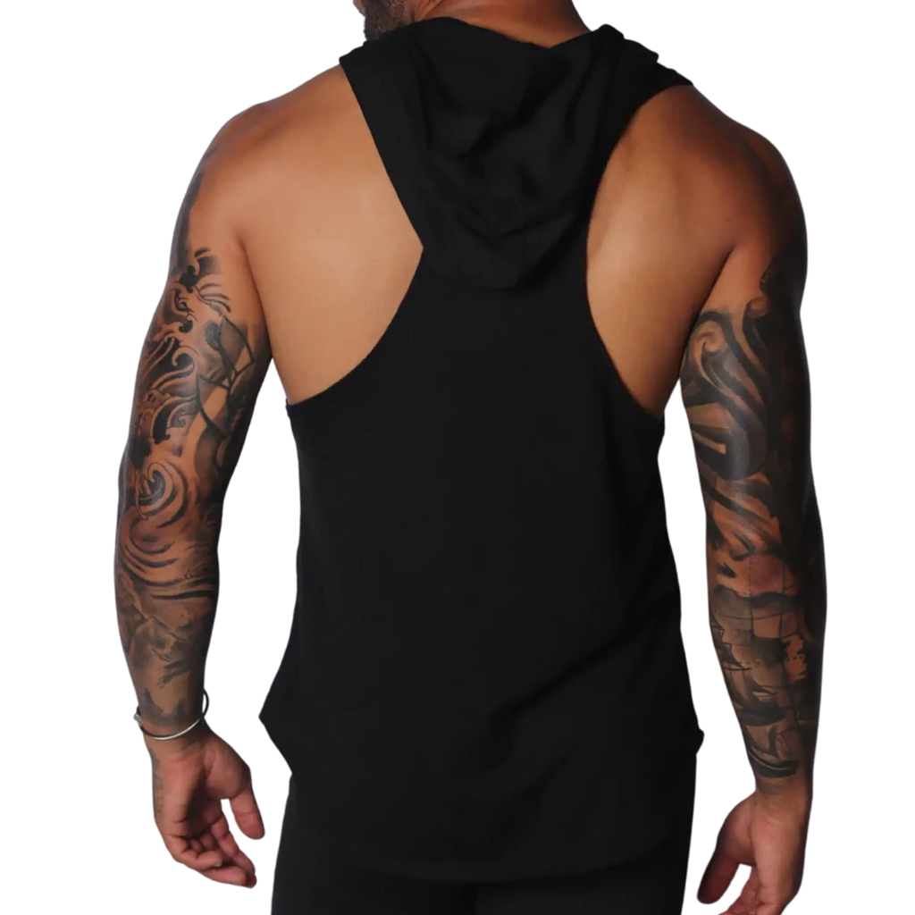 Black sleeveless hoodie t-shirt with a racerback cut, made from soft, plain jersey fabric.