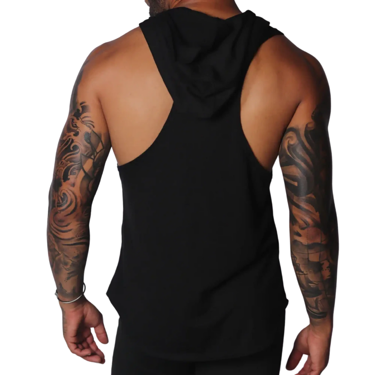 Black sleeveless hoodie t-shirt with a racerback cut, made from soft, plain jersey fabric.