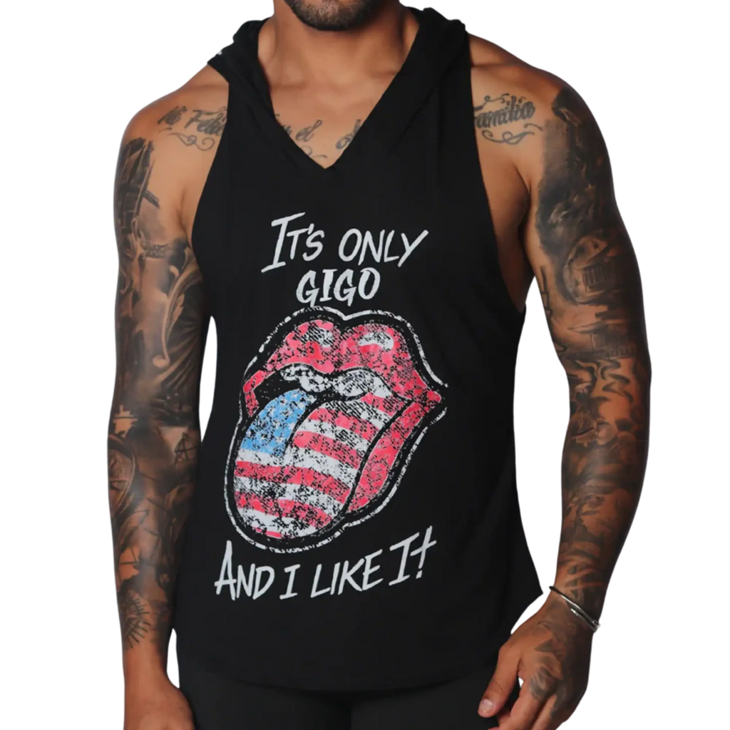 Black sleeveless hooded tank top with white text and a distressed American flag lips graphic on the front.
