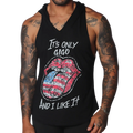Black sleeveless hooded tank top with white text and a distressed American flag lips graphic on the front.