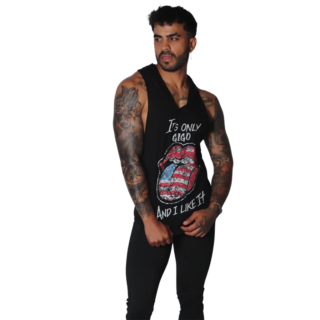 Black sleeveless hooded tank with American flag-patterned lips graphic and "It's only Gigo and I like it" text.