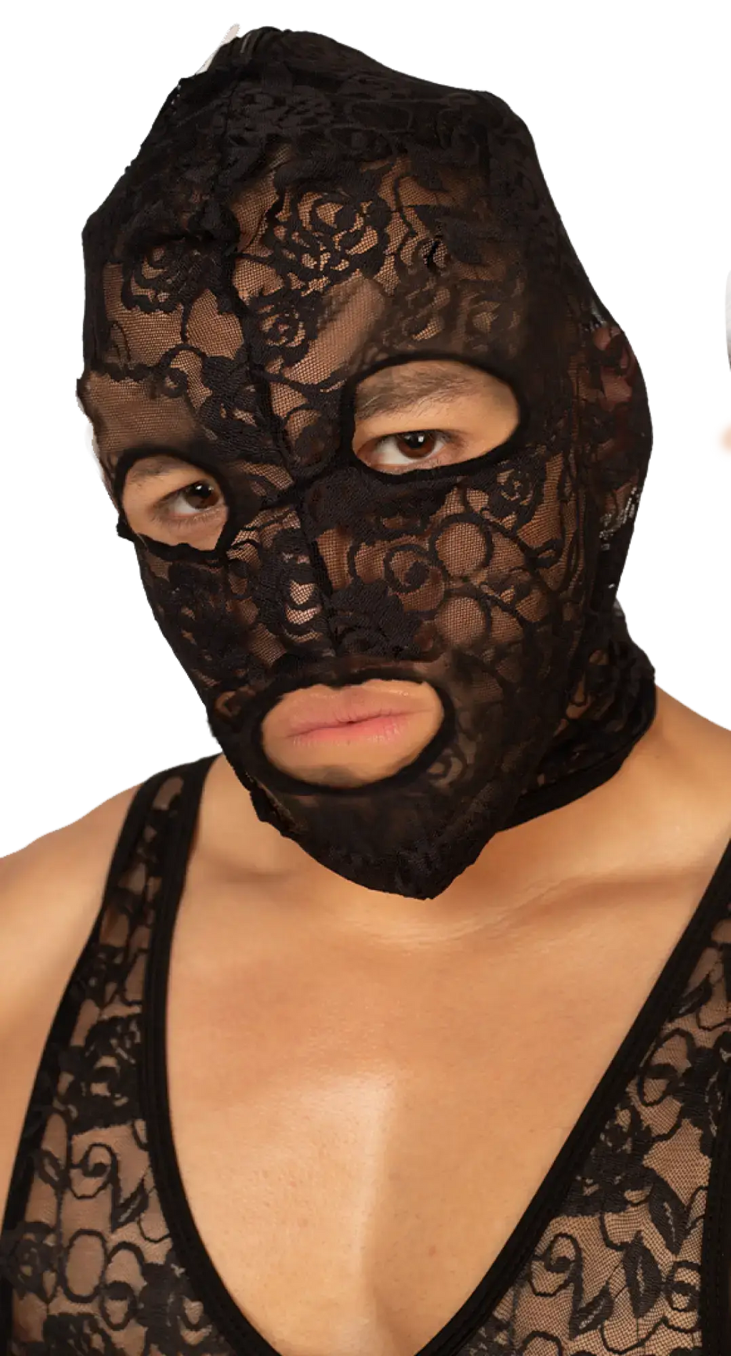 Black lace face mask with floral pattern from gigo magnetic balaclava featuring elegant material and design