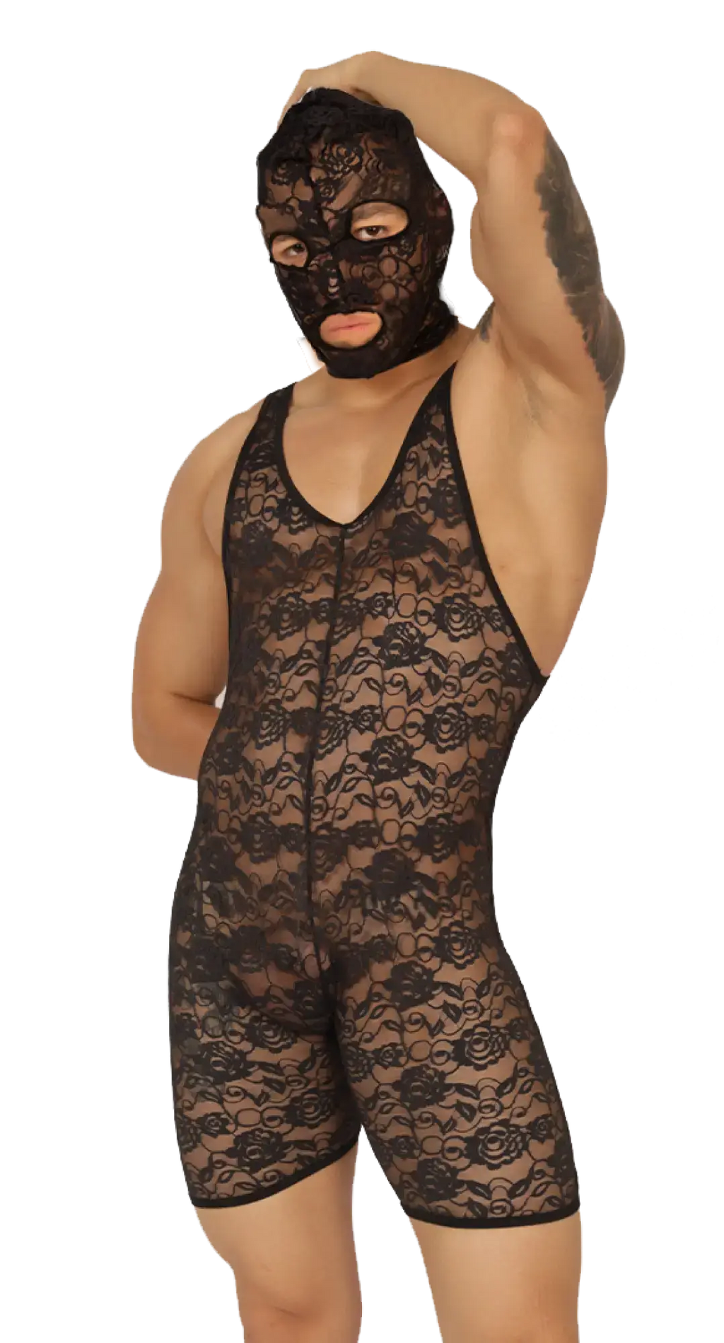 Black lace wrestling singlet with floral pattern and matching mask from gigo magnetic balaclava collection