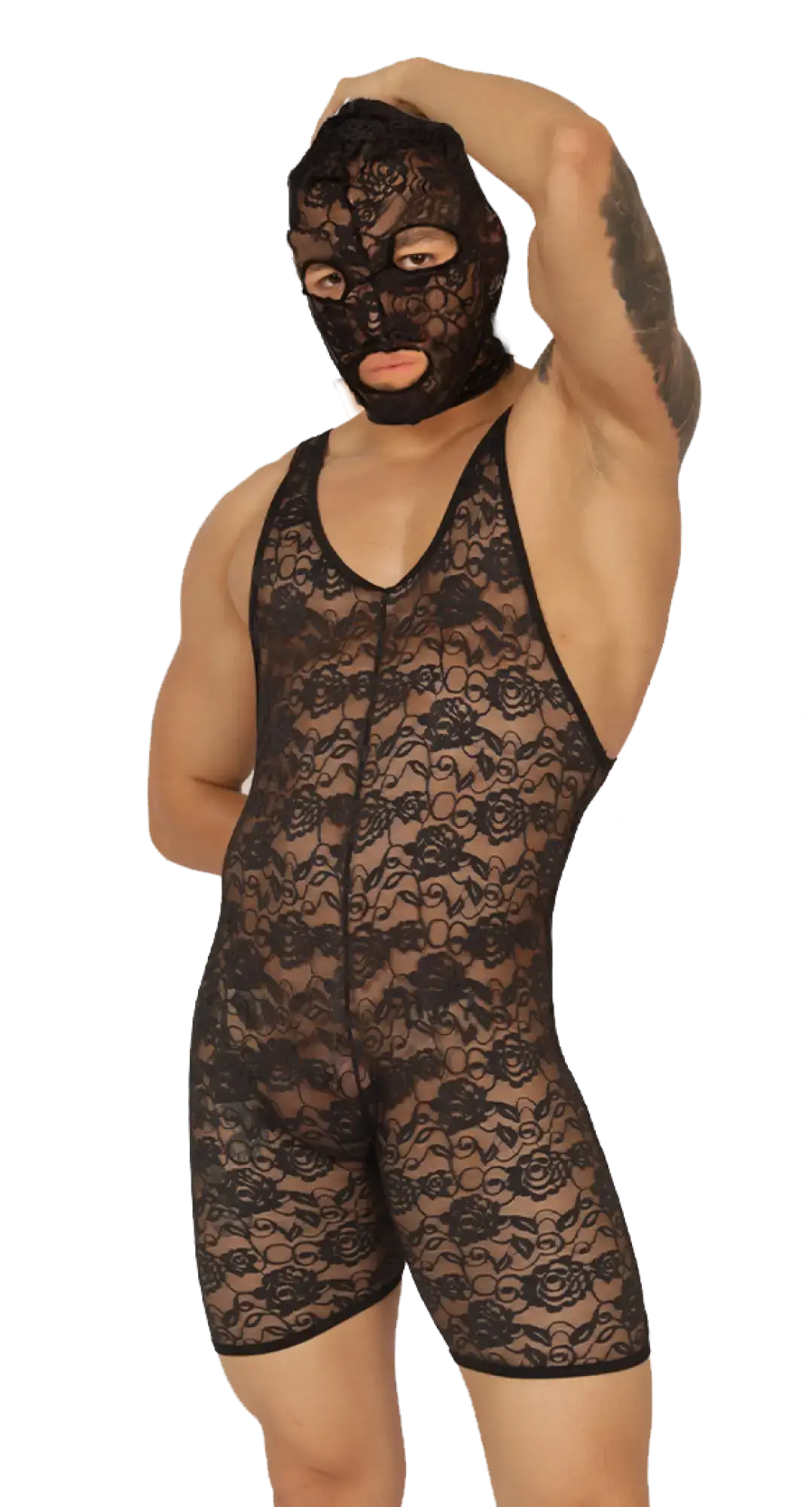 Black lace wrestling singlet with floral pattern and matching mask from gigo magnetic balaclava collection