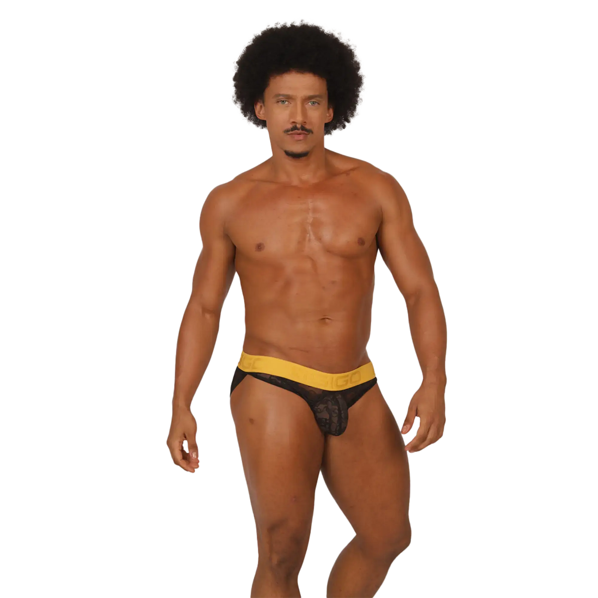 Black lace Gigo Magnetic Brief with bright yellow waistband featuring a comfortable elastic band design