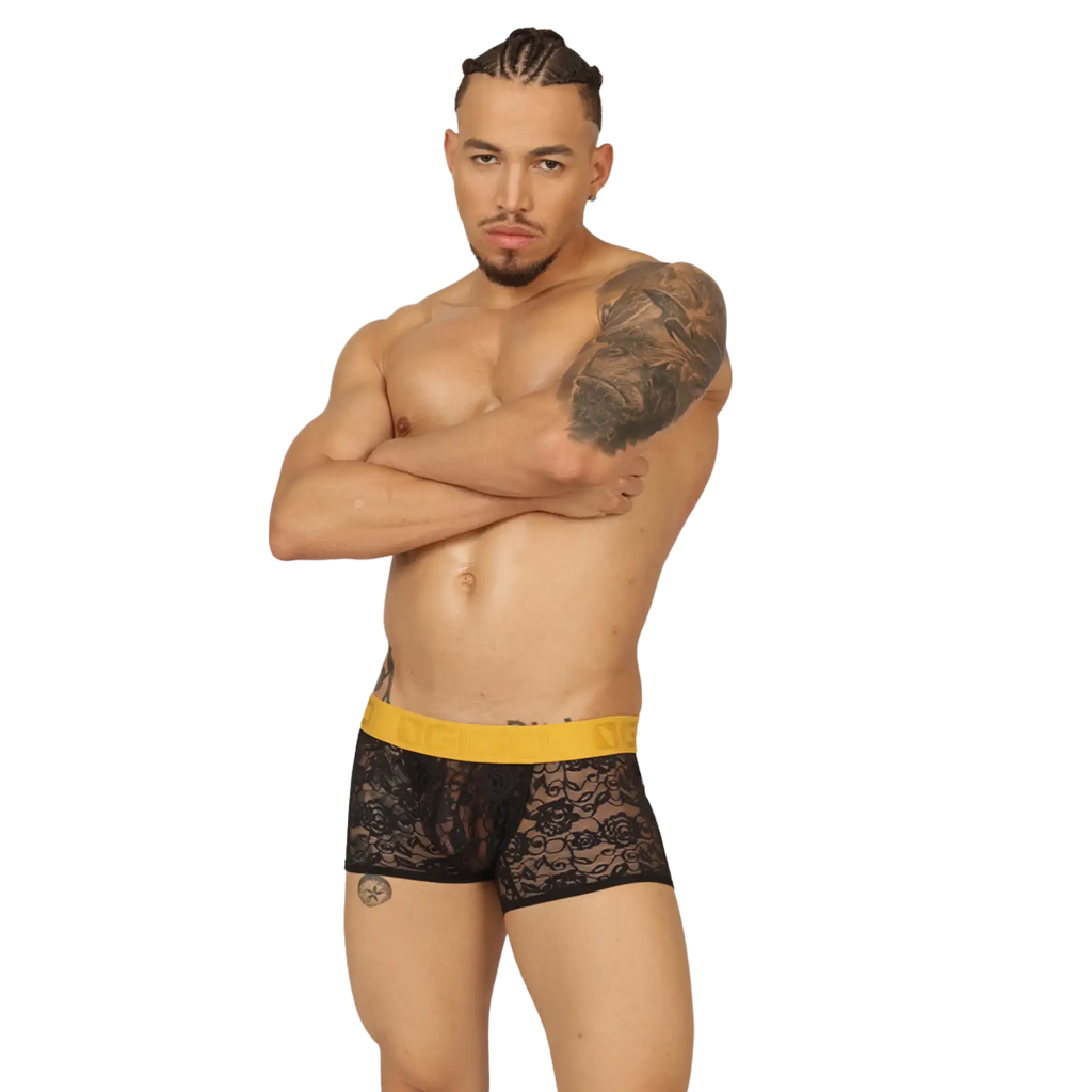 Black lace boxer briefs with a vibrant yellow elastic waistband from the gigo magnetic trunk jock collection