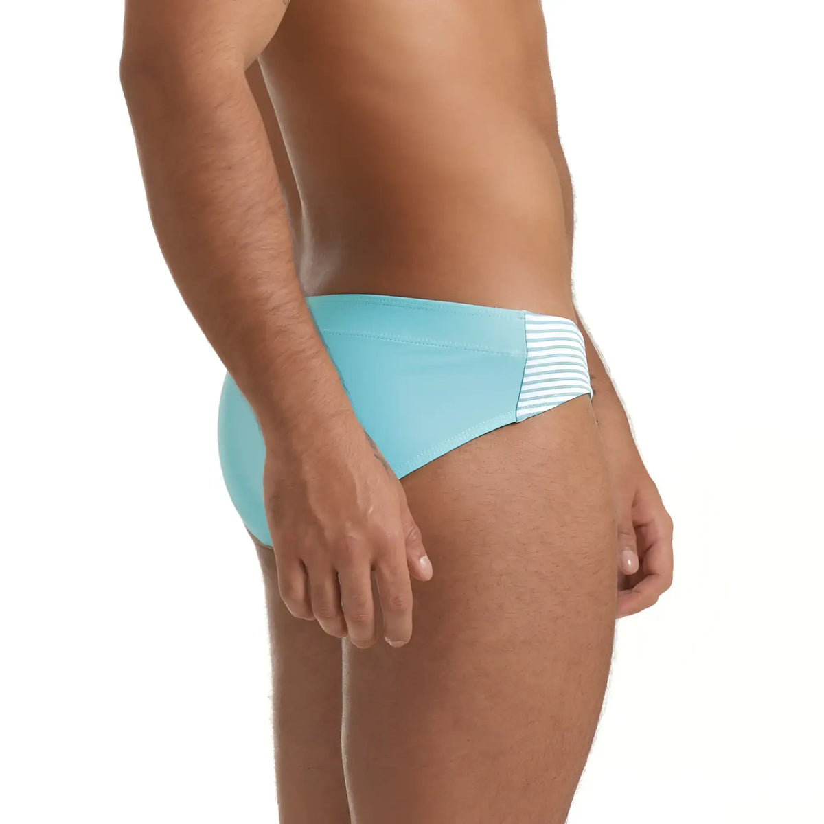 Light blue gigo marine swim brief with a white and light blue striped waistband for swimming and beachwear