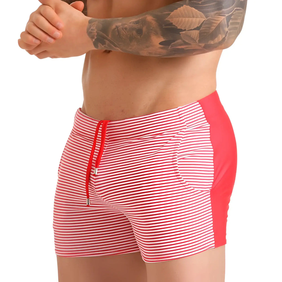 Gigo Marine red beachwear red and white striped swim trunks with solid red side panels and drawstring waistband