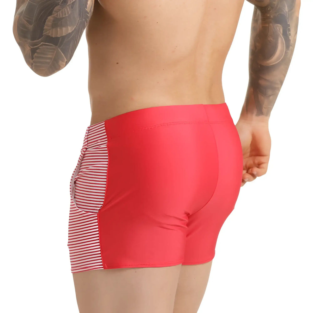 Bright red gigo marine swim trunks with white and red vertical stripe side panels for beachwear use