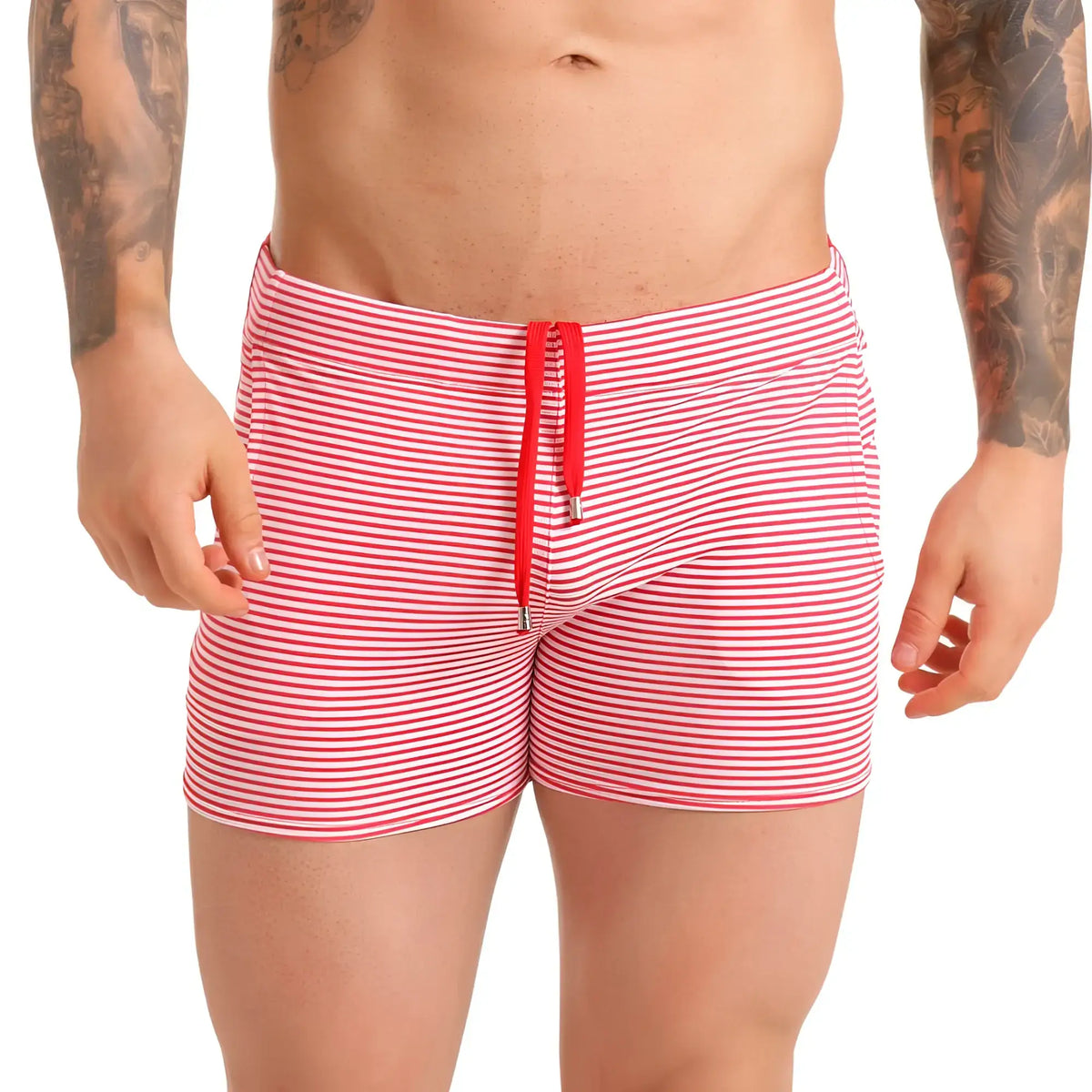 Red and white striped swim trunks with bright red drawstring by gigo marine for beachwear use