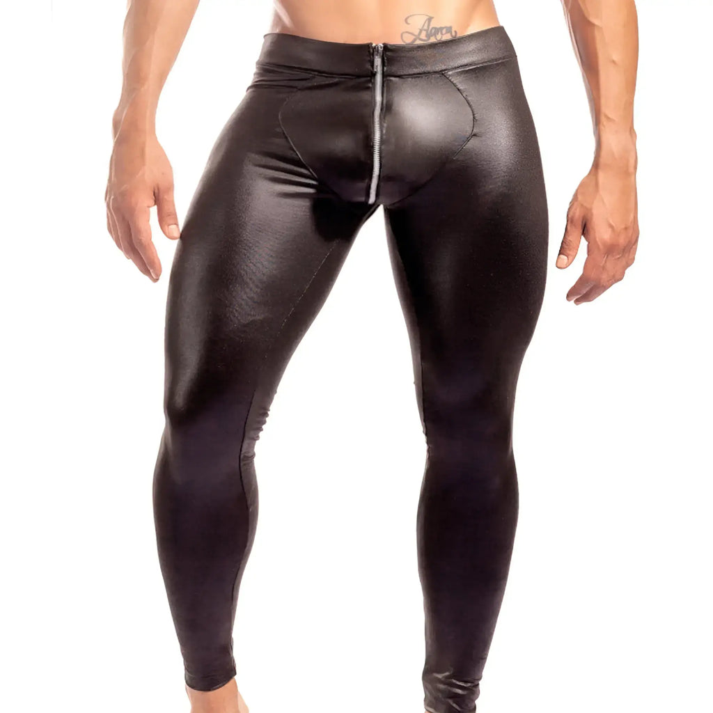 Black shiny faux leather leggings with front zipper and contoured design from gigo masochistic sportpants collection