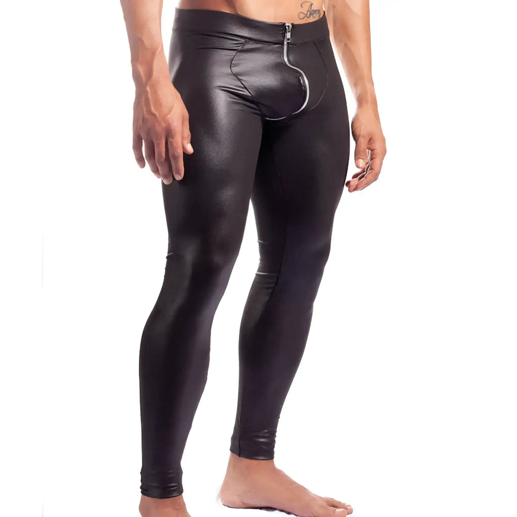 Gigo Masochistic black sportpants with shiny faux leather material and front zipper detail
