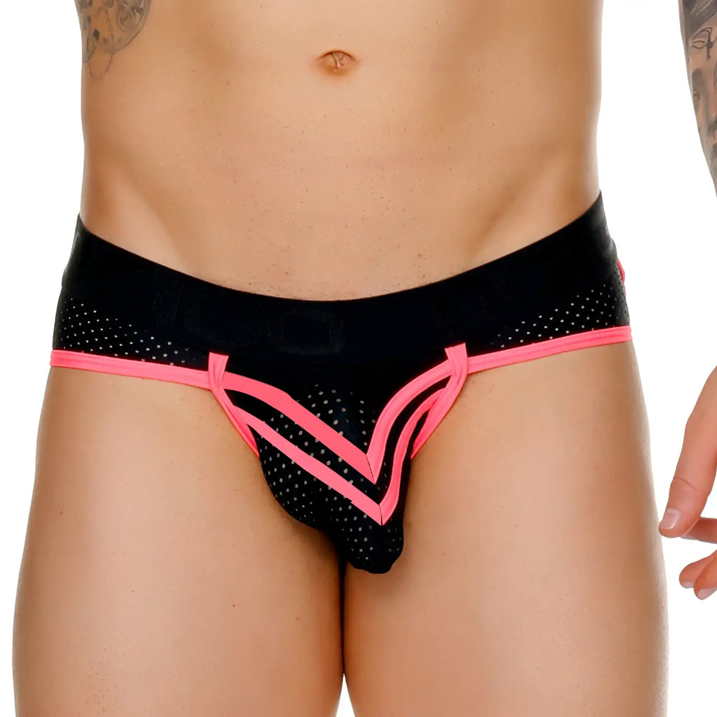 Black and neon pink gigo medieval candy brief thong with mesh fabric bold v shaped trim and branded waistband