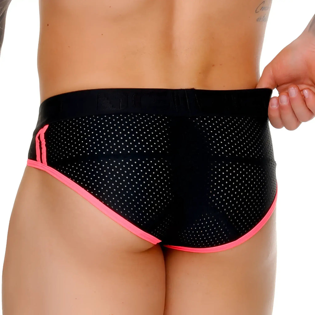 Black mesh briefs with vibrant pink trim and side stripes from gigo medieval candy brief collection