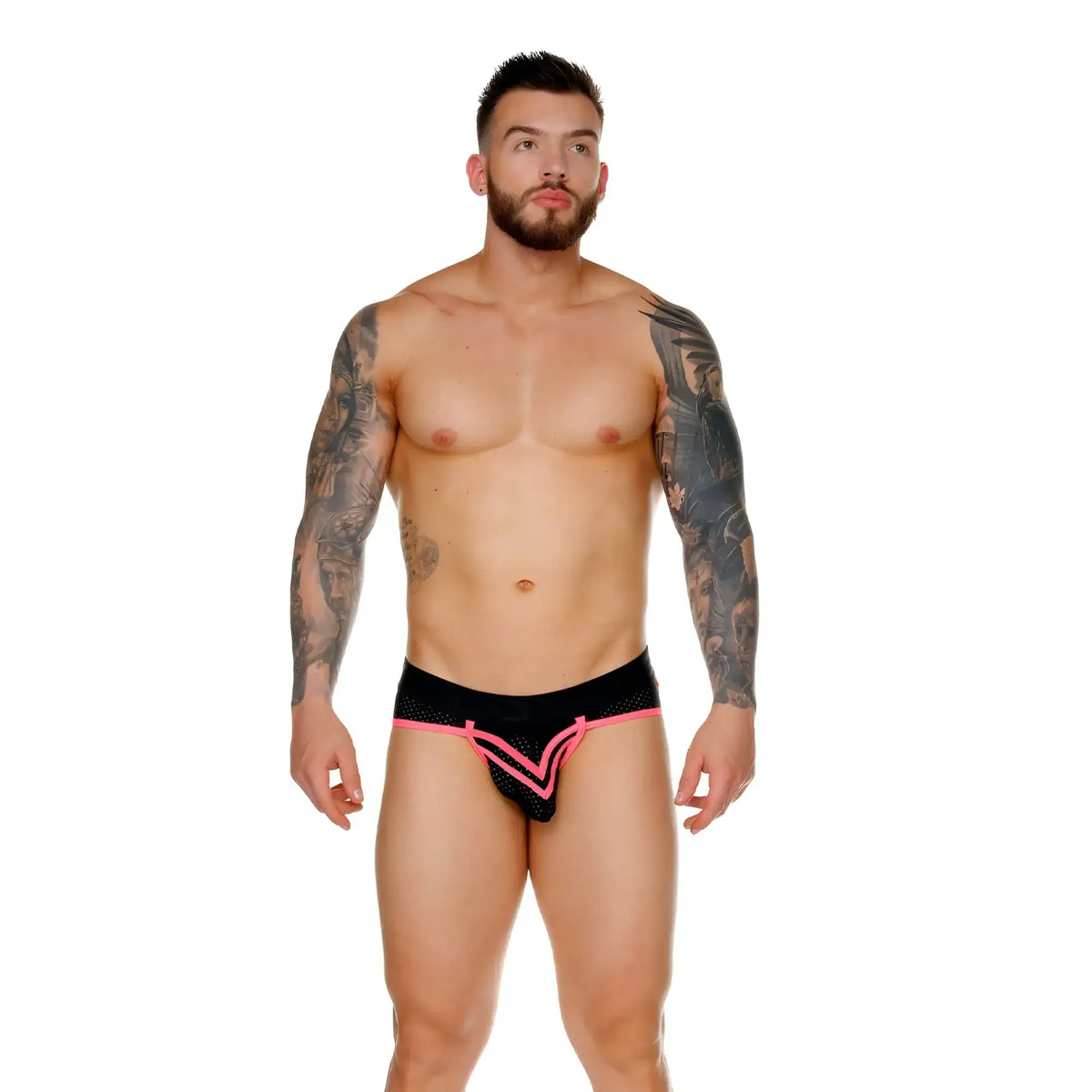 Black and pink gigo medieval candy brief with mesh texture and bold neon pink trim athletic design