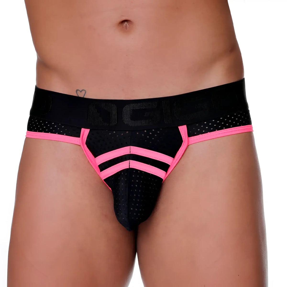 Black and neon pink mesh athletic briefs with bold sporty design from gigo medieval candy brief jockstrap collection