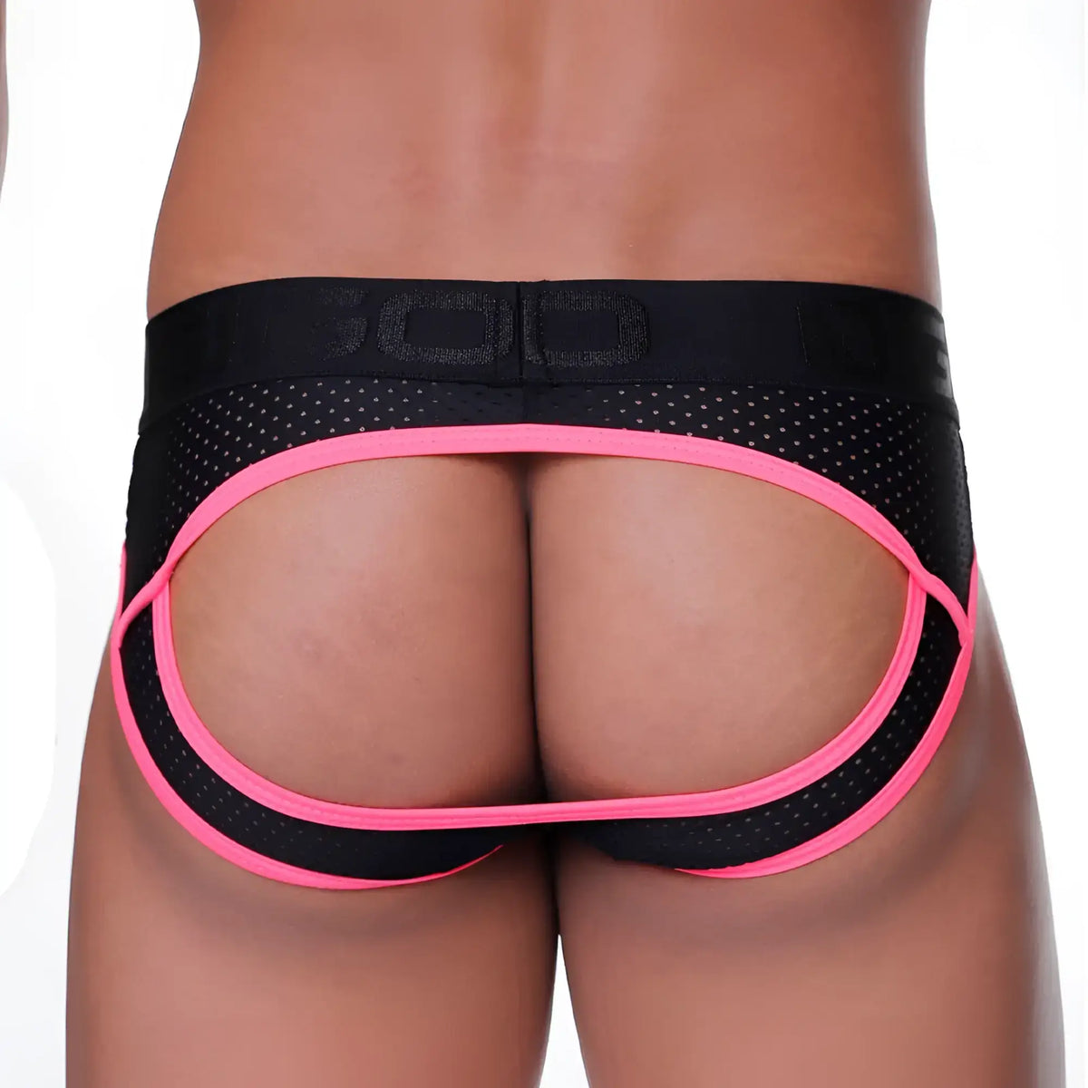 Black and neon pink mesh gigo medieval candy brief jockstrap showing bold open-back design