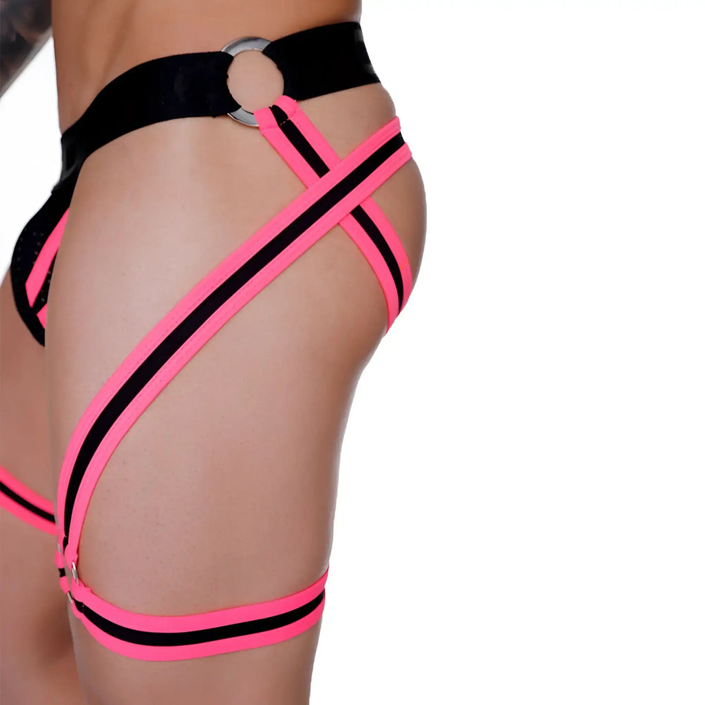 Bright pink and black striped harness-style lingerie with a silver metal ring at waistband from gigo medieval candy