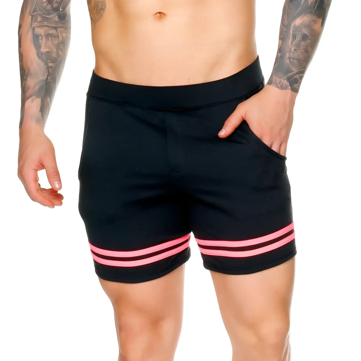Black gigo medieval candy athletic shorts with two horizontal pink stripes at the hem for casual wear
