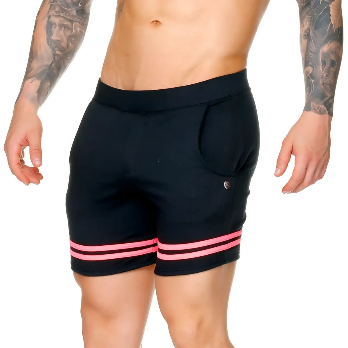 Black gigo medieval candy short athletic shorts with bright pink stripes at hem and circular logo on side pocket