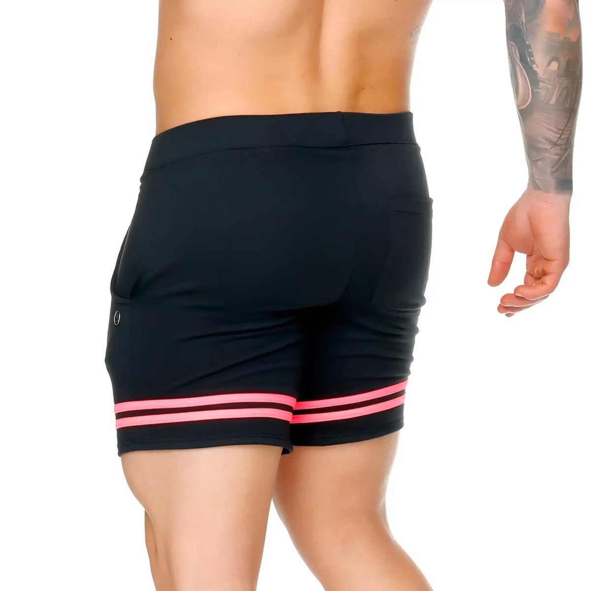 Black athletic shorts with two bright pink horizontal stripes at the hem from gigo medieval candy short collection