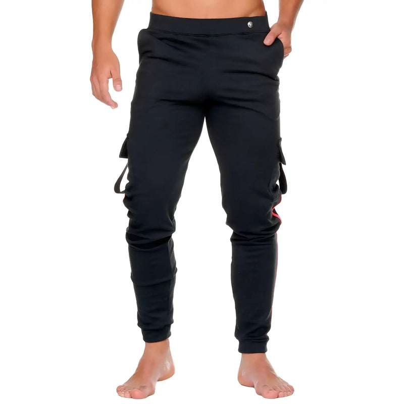 Black cargo joggers gigo medieval candy sportpants with pink accent stitching and adjustable drawstring waistband