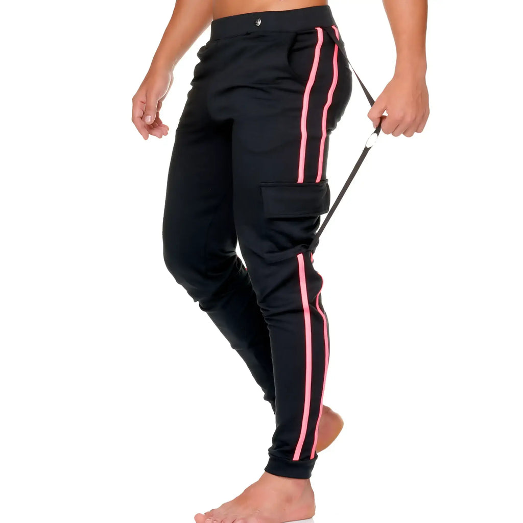 Black gigo medieval candy sportpants with vibrant pink side stripes and a drawstring waistband for casual wear