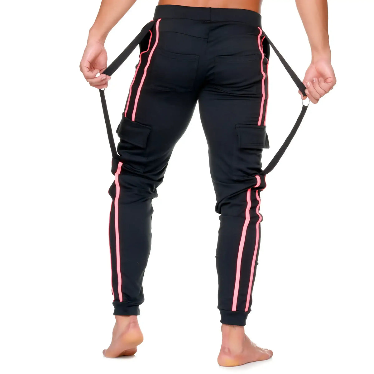 Black gigo medieval candy sportpants cargo pants with vibrant pink side stripes and adjustable drawstrings