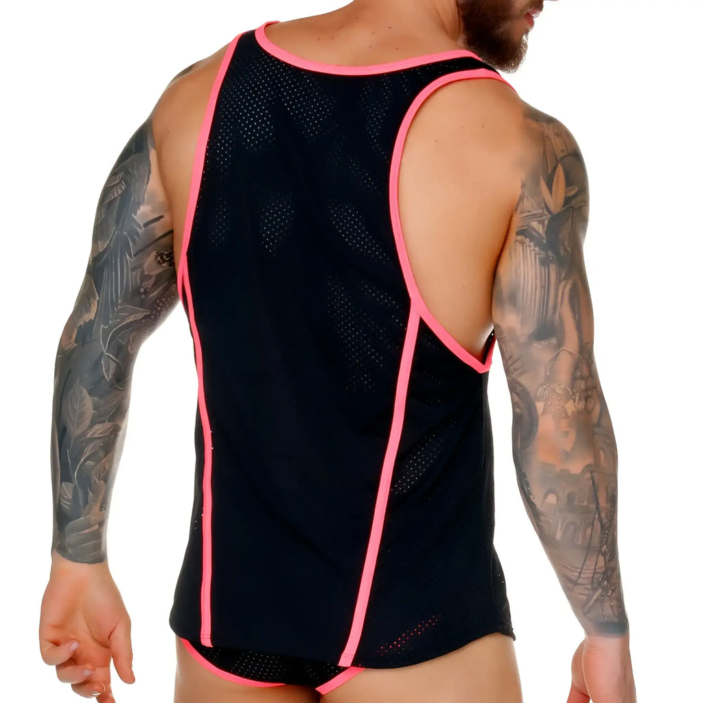 Black mesh tank top with neon pink trim from gigo medieval candy tank featuring breathable material and vibrant contrast trim