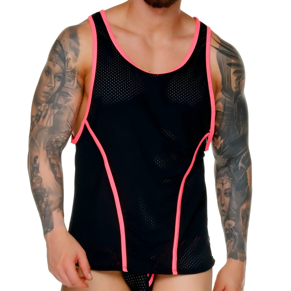 Black mesh gigo medieval candy tank top with vibrant pink trim and functional side zippers visible on front side
