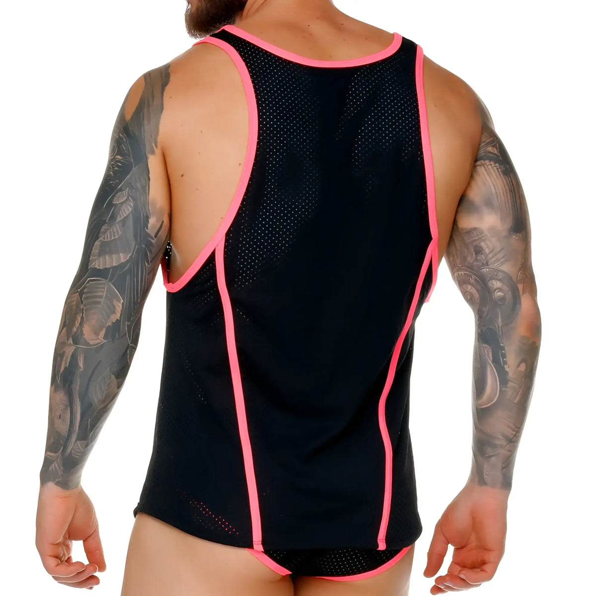 Black mesh tank top with vibrant pink trim from gigo medieval candy tank collection for casual wear