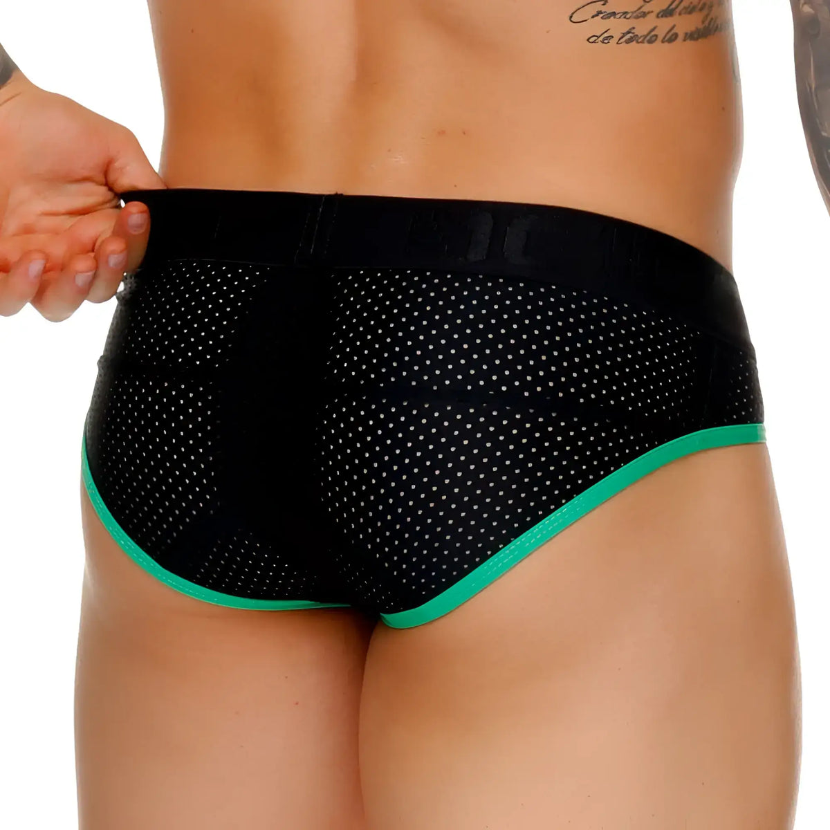 Black mesh briefs with vibrant green trim and subtle white dot pattern from gigo medieval green brief collection