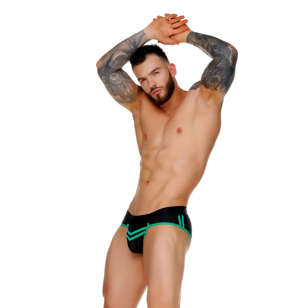 Black Gigo medieval green brief with vibrant green trim and breathable mesh detailing for athletic comfort