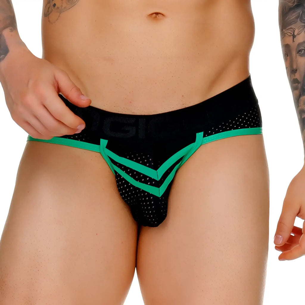 Black and neon green gigo medieval green brief athletic thong with mesh fabric and bold geometric trim