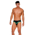 Black and neon green Gigo medieval green brief jockstrap with bold v-shaped design athletic briefs front view