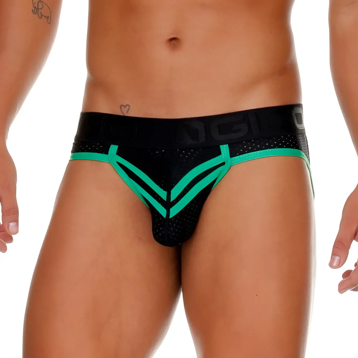 Black and neon green mesh gigo medieval green brief jockstrap with bold v-shaped design for athletic wear