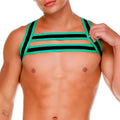 Green and black striped harness style top in medieval green designed for edgy fashion and layering