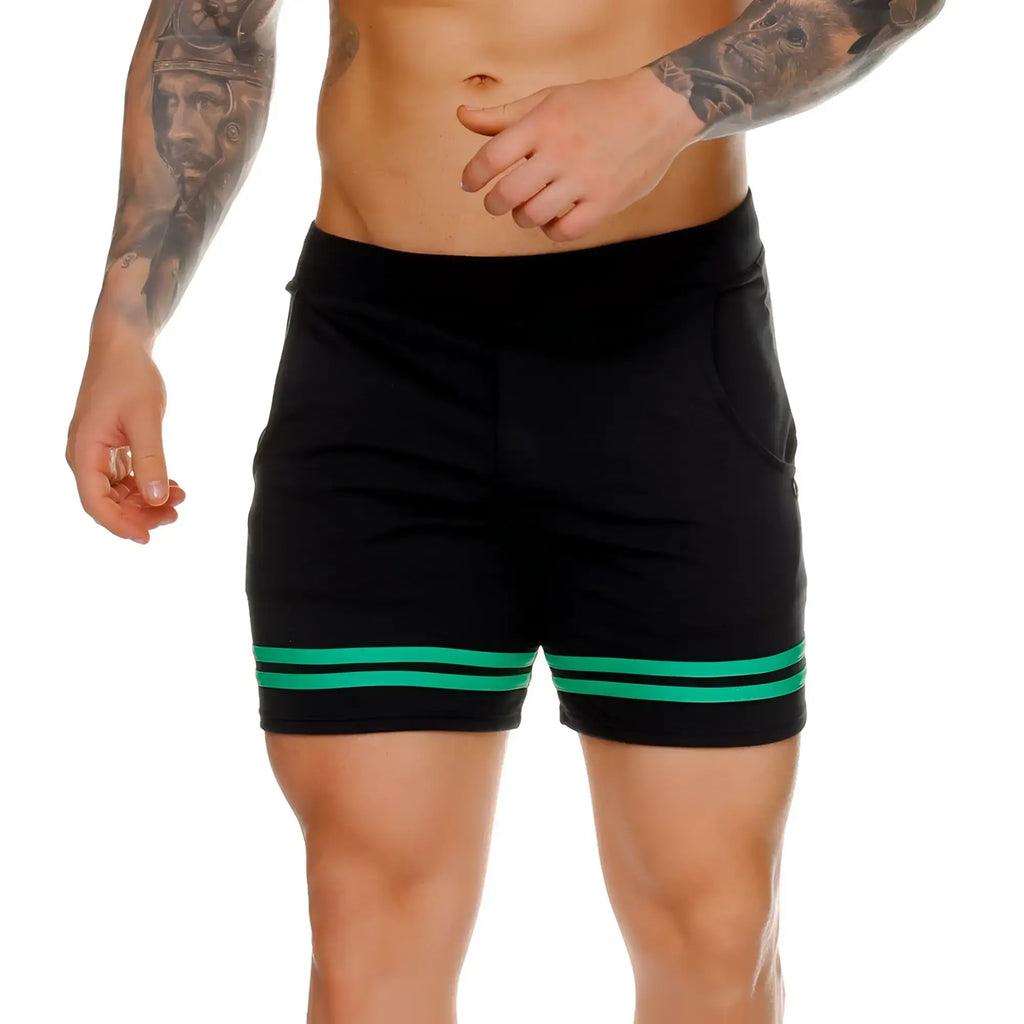 Black Gigo Medieval Green athletic shorts with two horizontal teal stripes at the hem for sportswear use
