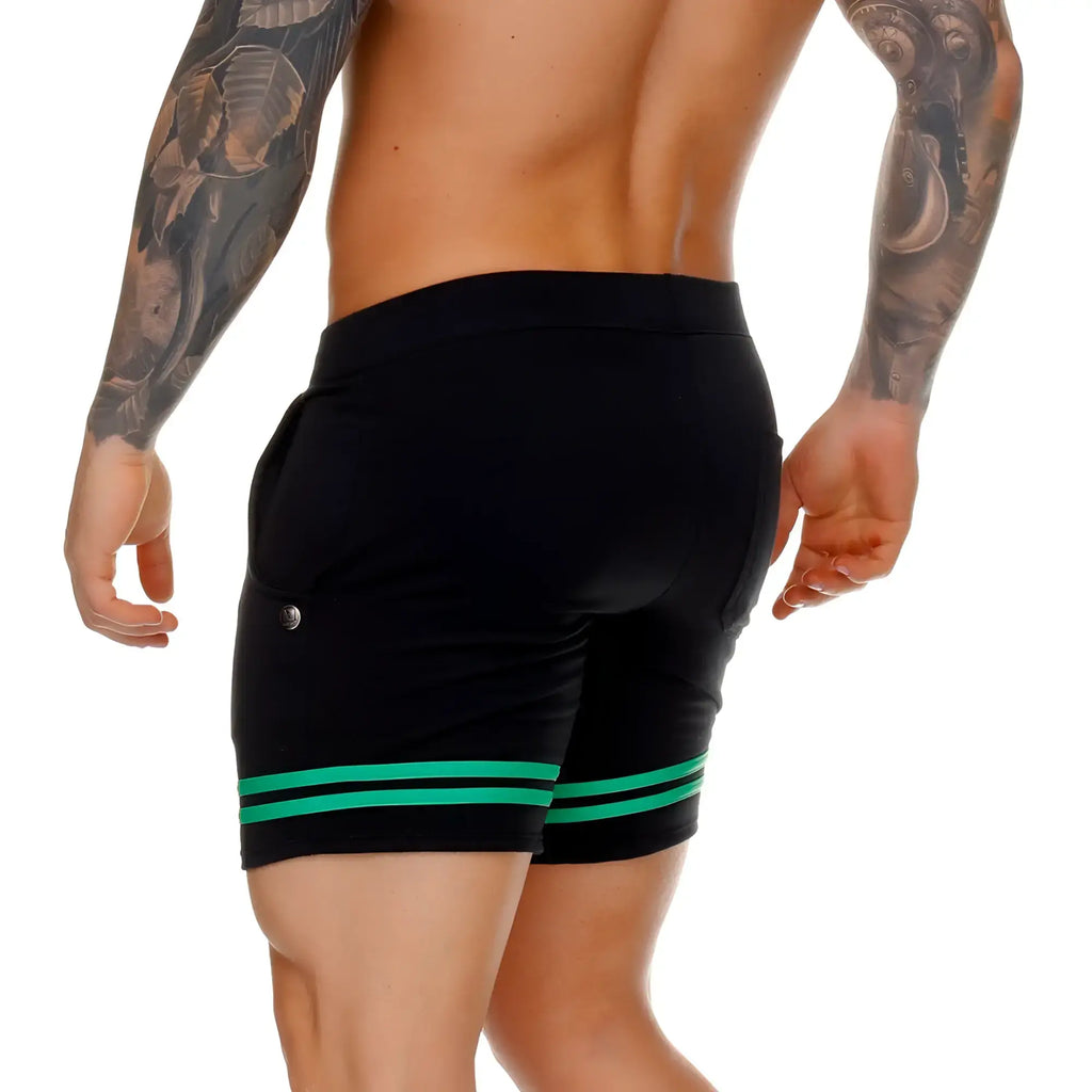 Black Gigo medieval green short with two vibrant green horizontal stripes near the hem for athletic wear