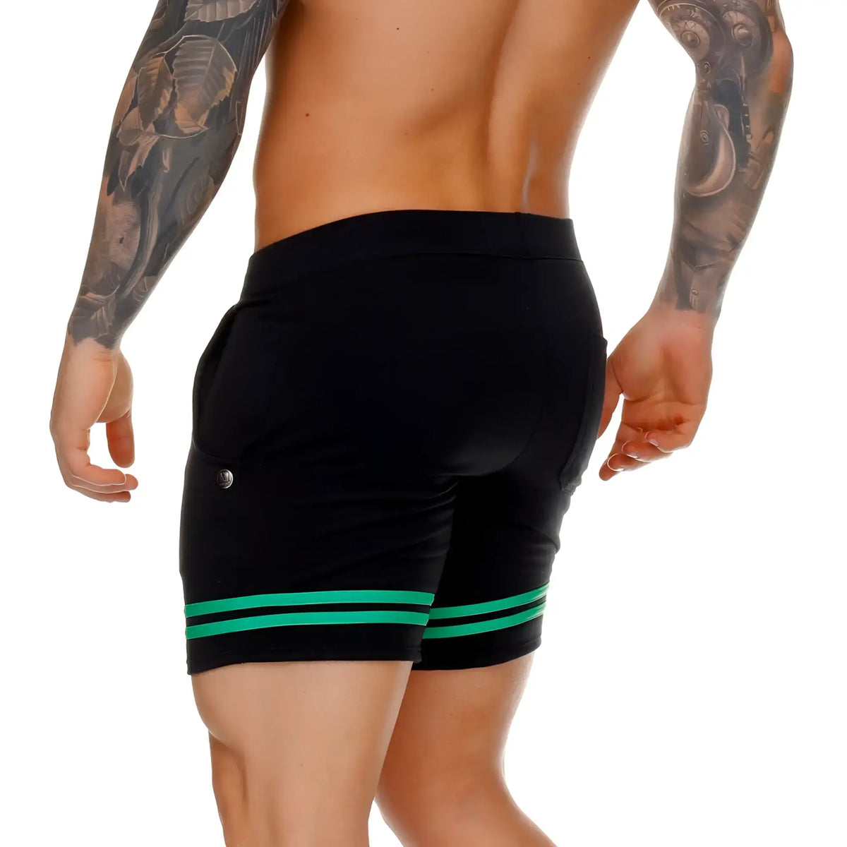 Black Gigo medieval green short with two vibrant green horizontal stripes near the hem for athletic wear