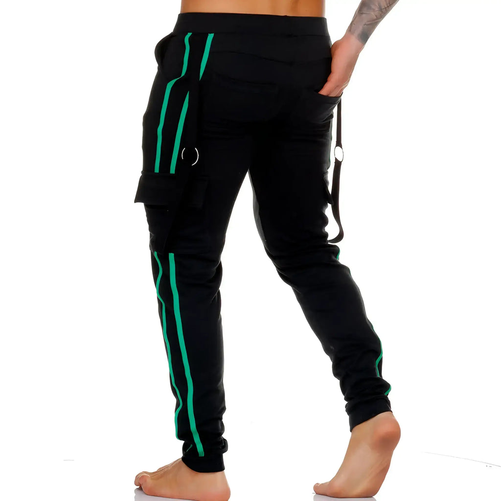 Black gigo medieval green sportpants with vibrant green side stripes and drawstring waistband made for active wear