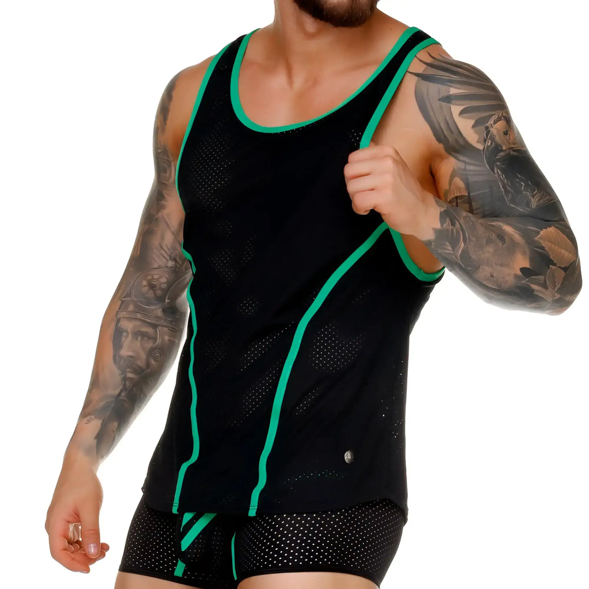 Black mesh athletic tank top with vibrant green trim and sleek sporty design gigo medieval green tank
